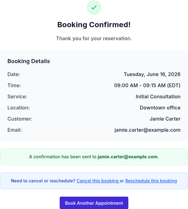 PurpleCal booking confirmation page with appointment details and self-service cancel and reschedule links