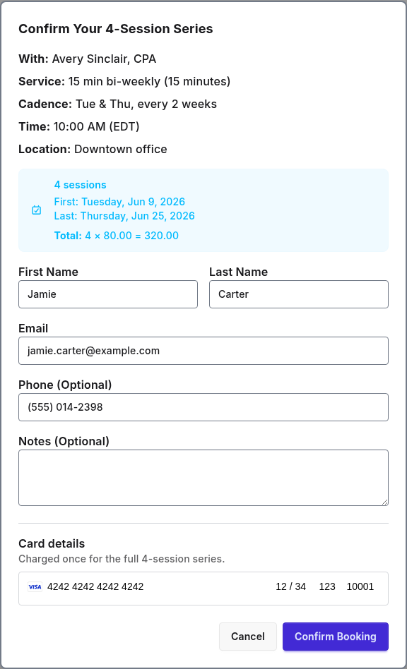PurpleCal recurring series confirmation showing a 4-session biweekly booking billed upfront for the full series