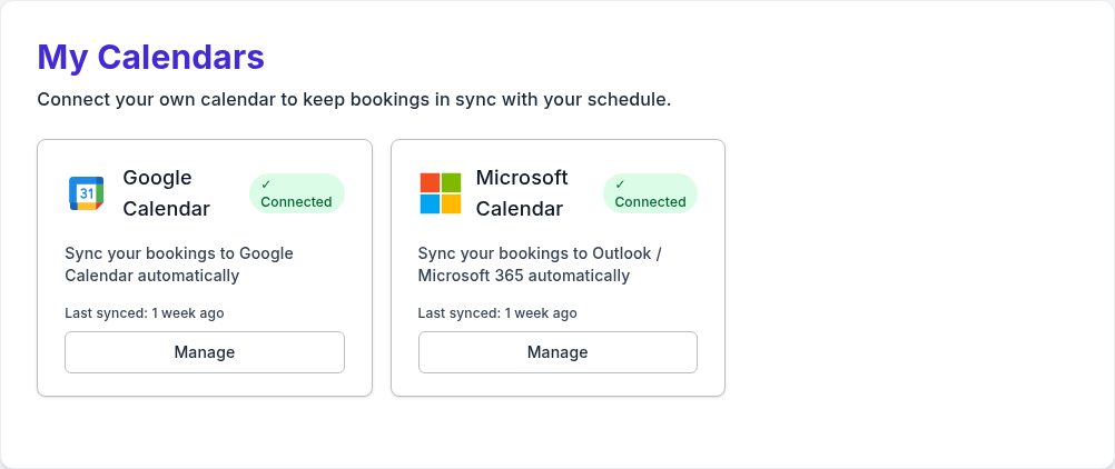 PurpleCal calendar settings showing Google Calendar and Microsoft Calendar both connected with automatic sync