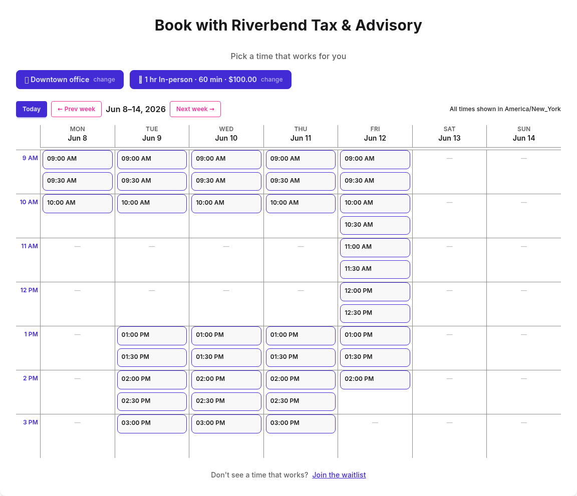 PurpleCal team booking page showing a week of available appointment time slots