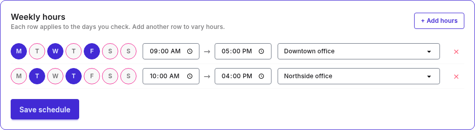 PurpleCal weekly schedule editor showing different days and hours assigned to a Downtown office and a Northside office via a per-row location dropdown