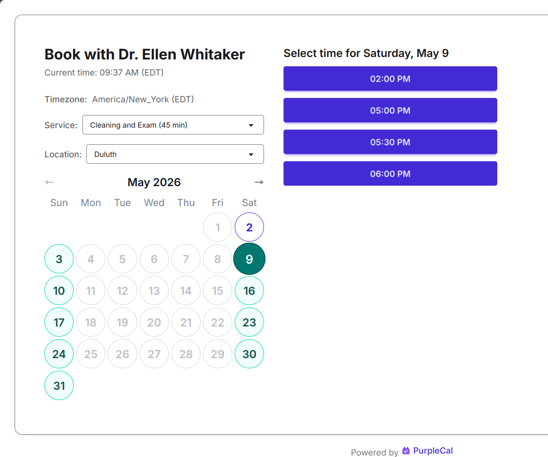 PurpleCal public booking page